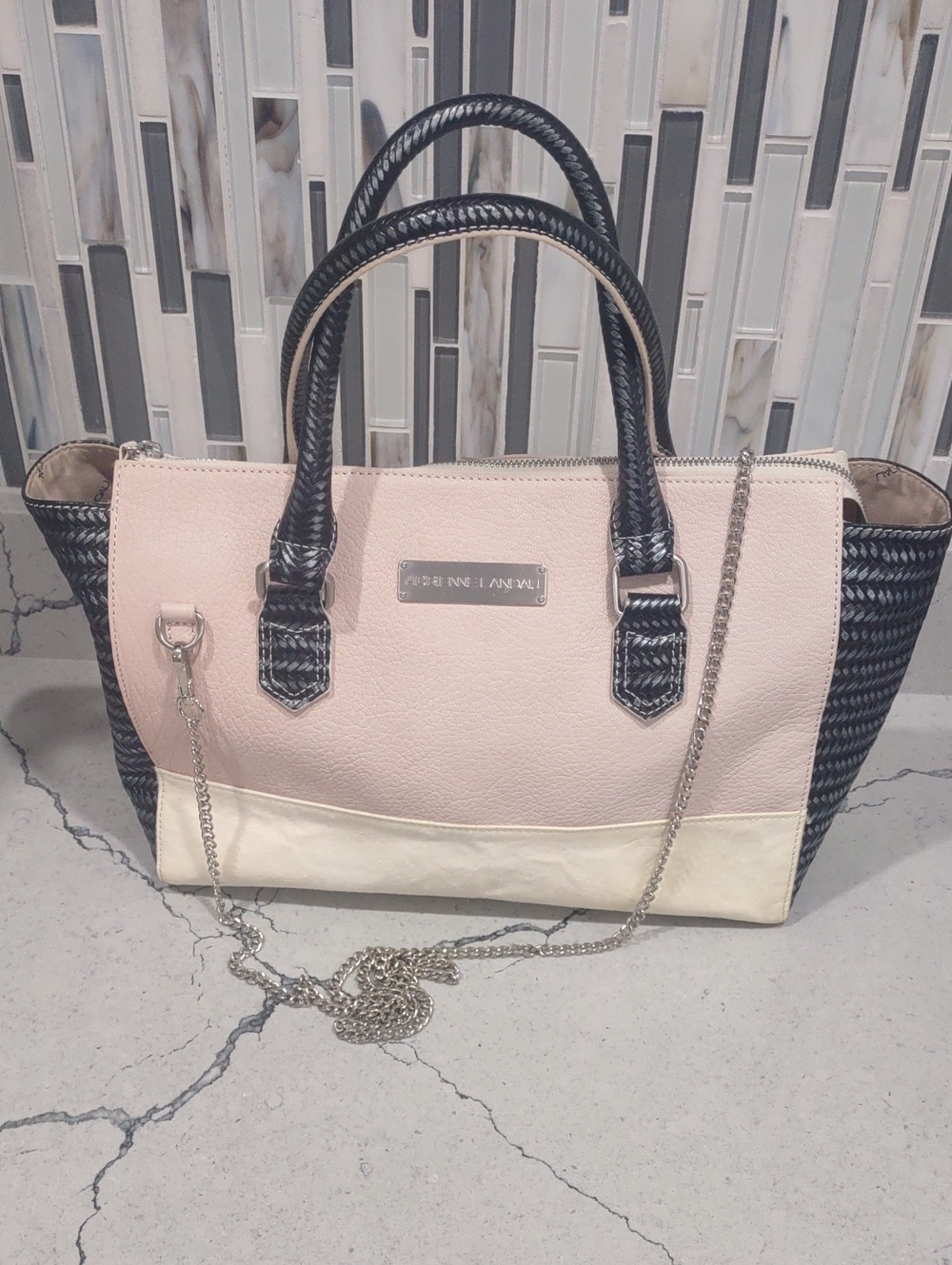 Adrienne Landau Colorblock Satchel Zip Top Leather Handbag EUC